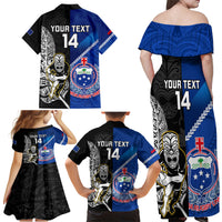 Custom New Zealand And Samoa Rugby Family Matching Off Shoulder Maxi Dress and Hawaiian Shirt All Black Tiki Fern Mix Manu Samoa 2023 World Cup LT14 - Polynesian Pride