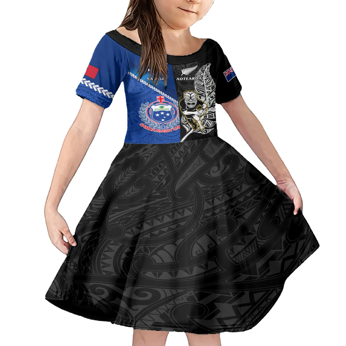 Custom New Zealand And Samoa Rugby Family Matching Off Shoulder Short Dress and Hawaiian Shirt All Black Tiki Fern Mix Manu Samoa 2023 World Cup LT14 Daughter's Dress Black - Polynesian Pride