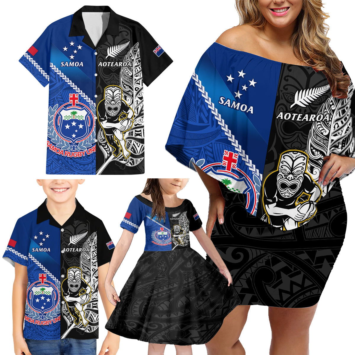 Custom New Zealand And Samoa Rugby Family Matching Off Shoulder Short Dress and Hawaiian Shirt All Black Tiki Fern Mix Manu Samoa 2023 World Cup LT14 - Polynesian Pride