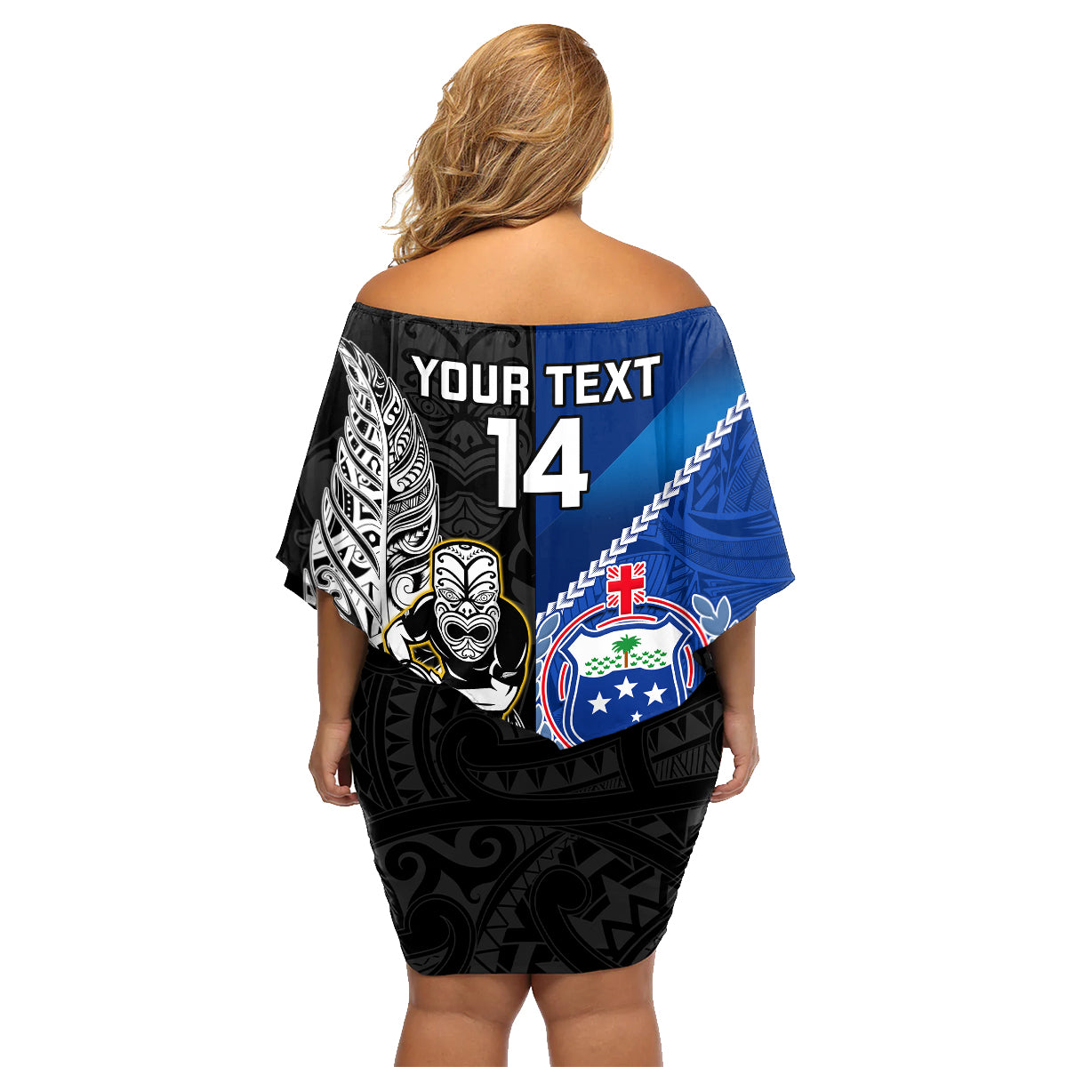 Custom New Zealand And Samoa Rugby Family Matching Off Shoulder Short Dress and Hawaiian Shirt All Black Tiki Fern Mix Manu Samoa 2023 World Cup LT14 - Polynesian Pride