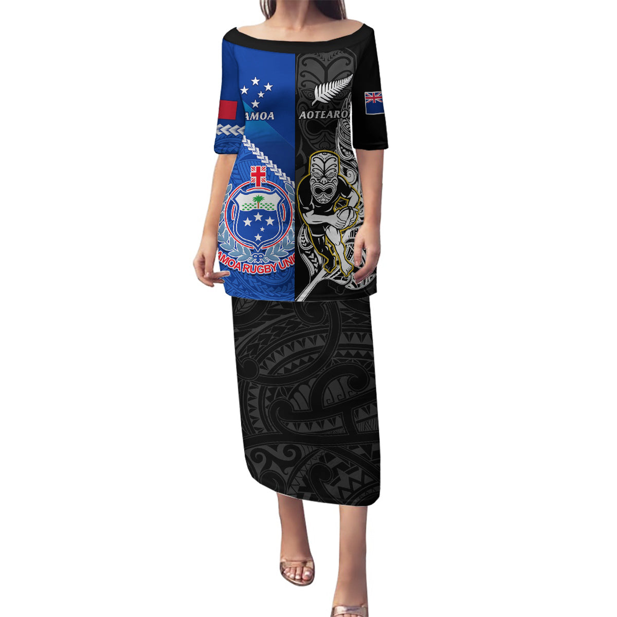 Custom New Zealand And Samoa Rugby Family Matching Puletasi Dress and Hawaiian Shirt All Black Tiki Fern Mix Manu Samoa 2023 World Cup LT14 Mom's Dress Black - Polynesian Pride