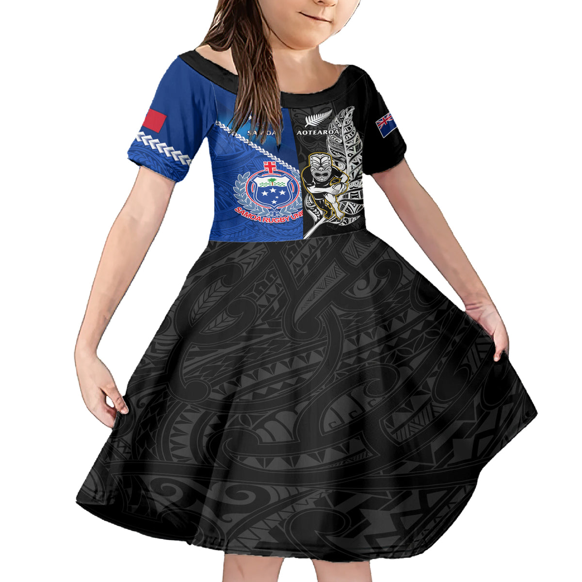 Custom New Zealand And Samoa Rugby Family Matching Short Sleeve Bodycon Dress and Hawaiian Shirt All Black Tiki Fern Mix Manu Samoa 2023 World Cup LT14 Daughter's Dress Black - Polynesian Pride