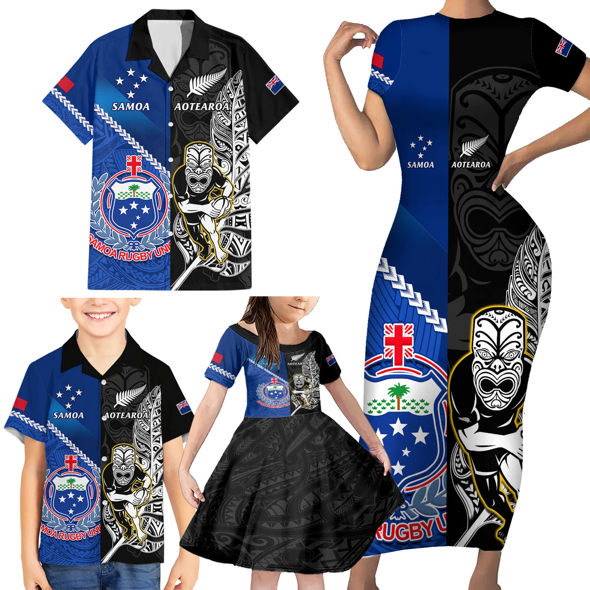 Custom New Zealand And Samoa Rugby Family Matching Short Sleeve Bodycon Dress and Hawaiian Shirt All Black Tiki Fern Mix Manu Samoa 2023 World Cup LT14 - Polynesian Pride