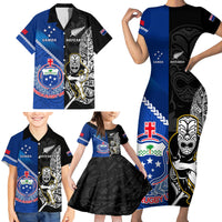 Custom New Zealand And Samoa Rugby Family Matching Short Sleeve Bodycon Dress and Hawaiian Shirt All Black Tiki Fern Mix Manu Samoa 2023 World Cup LT14 - Polynesian Pride