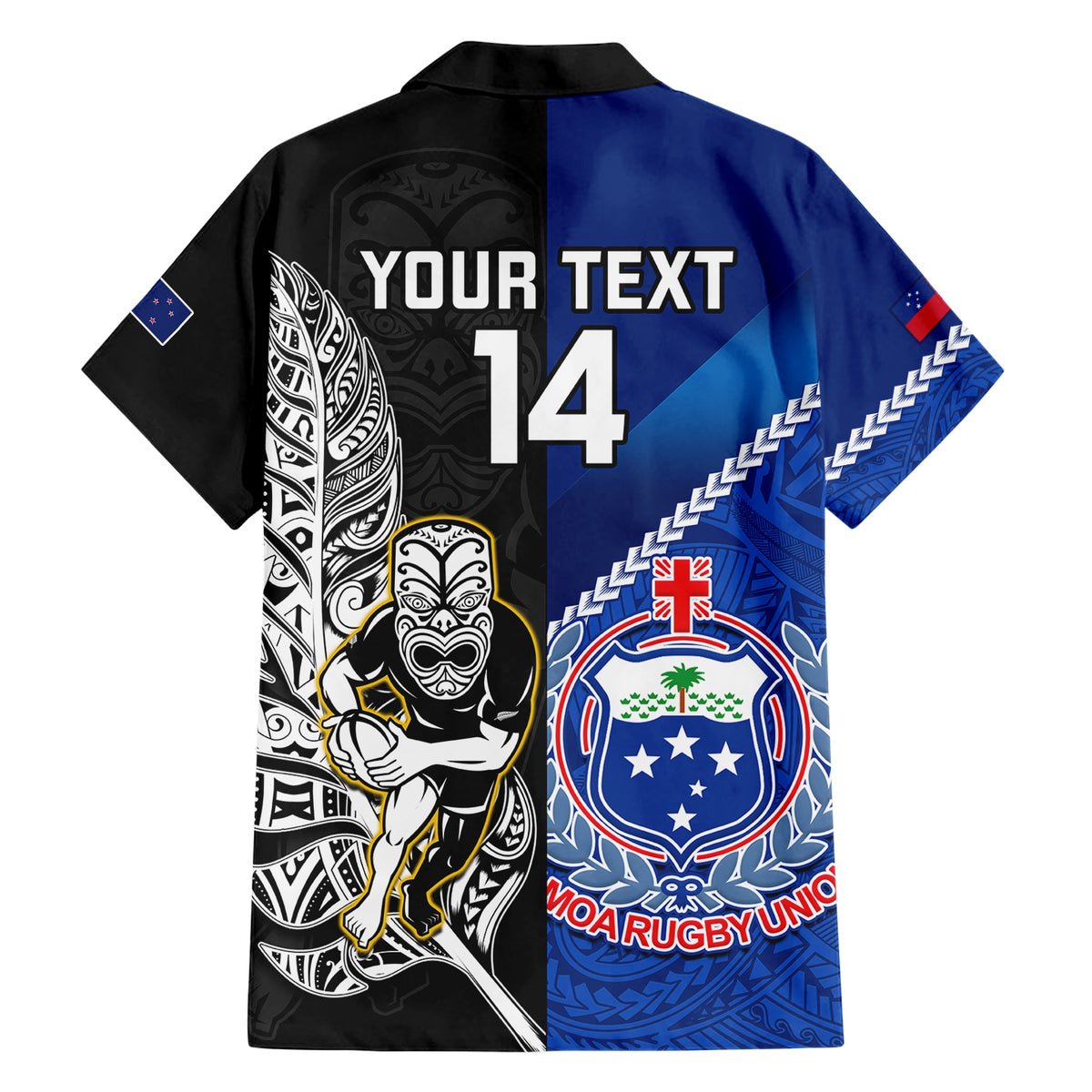 Custom New Zealand And Samoa Rugby Family Matching Short Sleeve Bodycon Dress and Hawaiian Shirt All Black Tiki Fern Mix Manu Samoa 2023 World Cup LT14 - Polynesian Pride