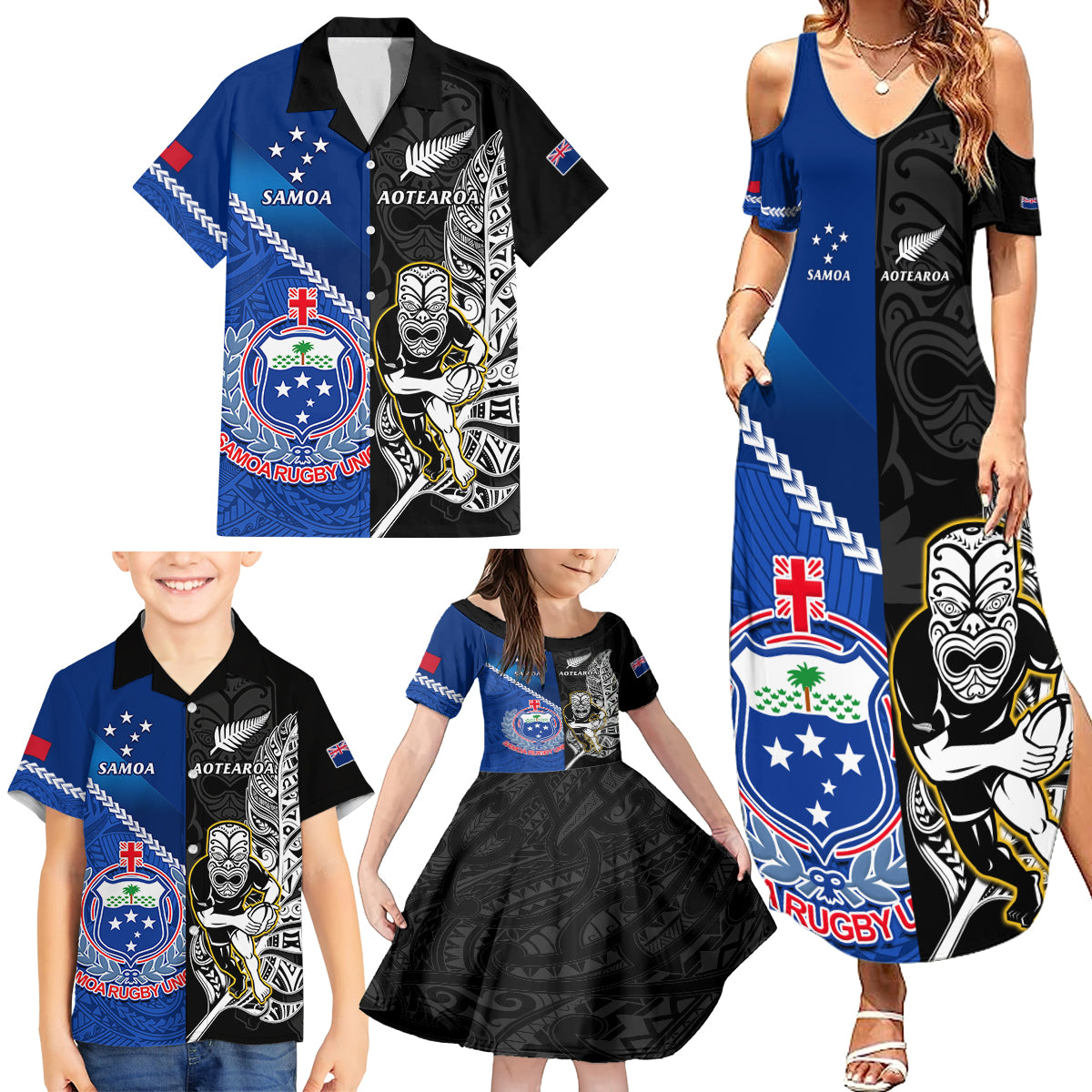 Custom New Zealand And Samoa Rugby Family Matching Summer Maxi Dress and Hawaiian Shirt All Black Tiki Fern Mix Manu Samoa 2023 World Cup LT14 - Polynesian Pride