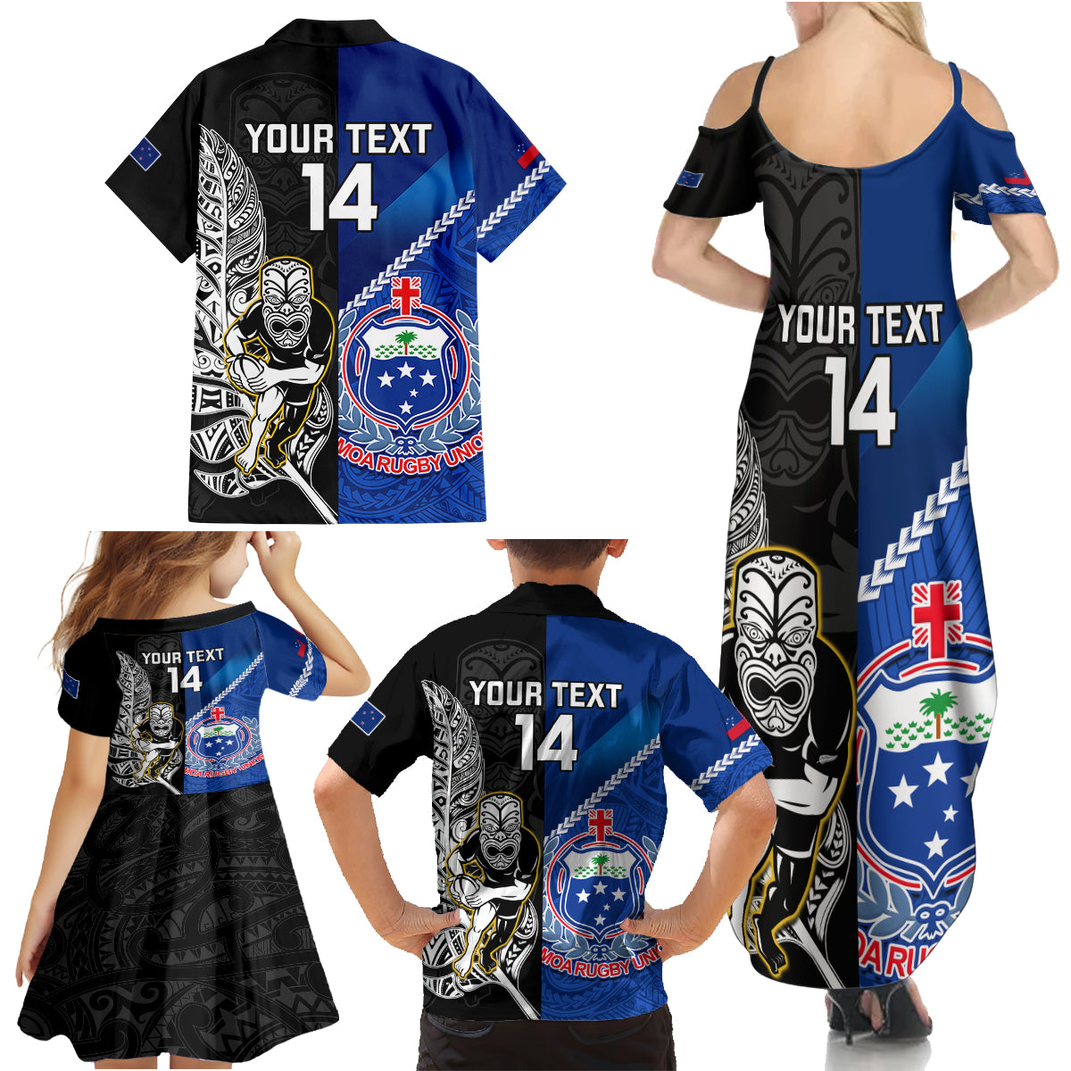 Custom New Zealand And Samoa Rugby Family Matching Summer Maxi Dress and Hawaiian Shirt All Black Tiki Fern Mix Manu Samoa 2023 World Cup LT14 - Polynesian Pride