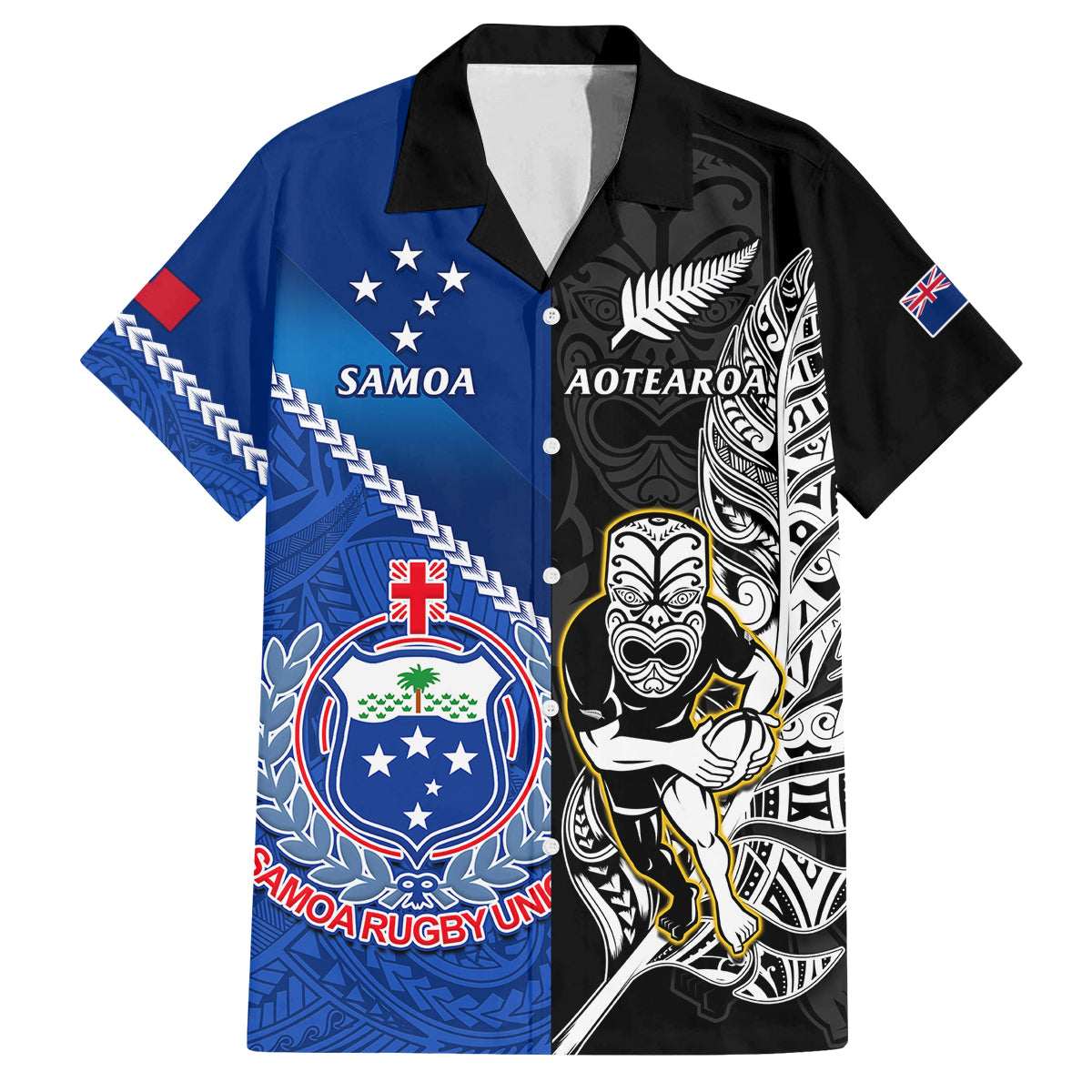 Custom New Zealand And Samoa Rugby Family Matching Summer Maxi Dress and Hawaiian Shirt All Black Tiki Fern Mix Manu Samoa 2023 World Cup LT14 Dad's Shirt - Short Sleeve Black - Polynesian Pride