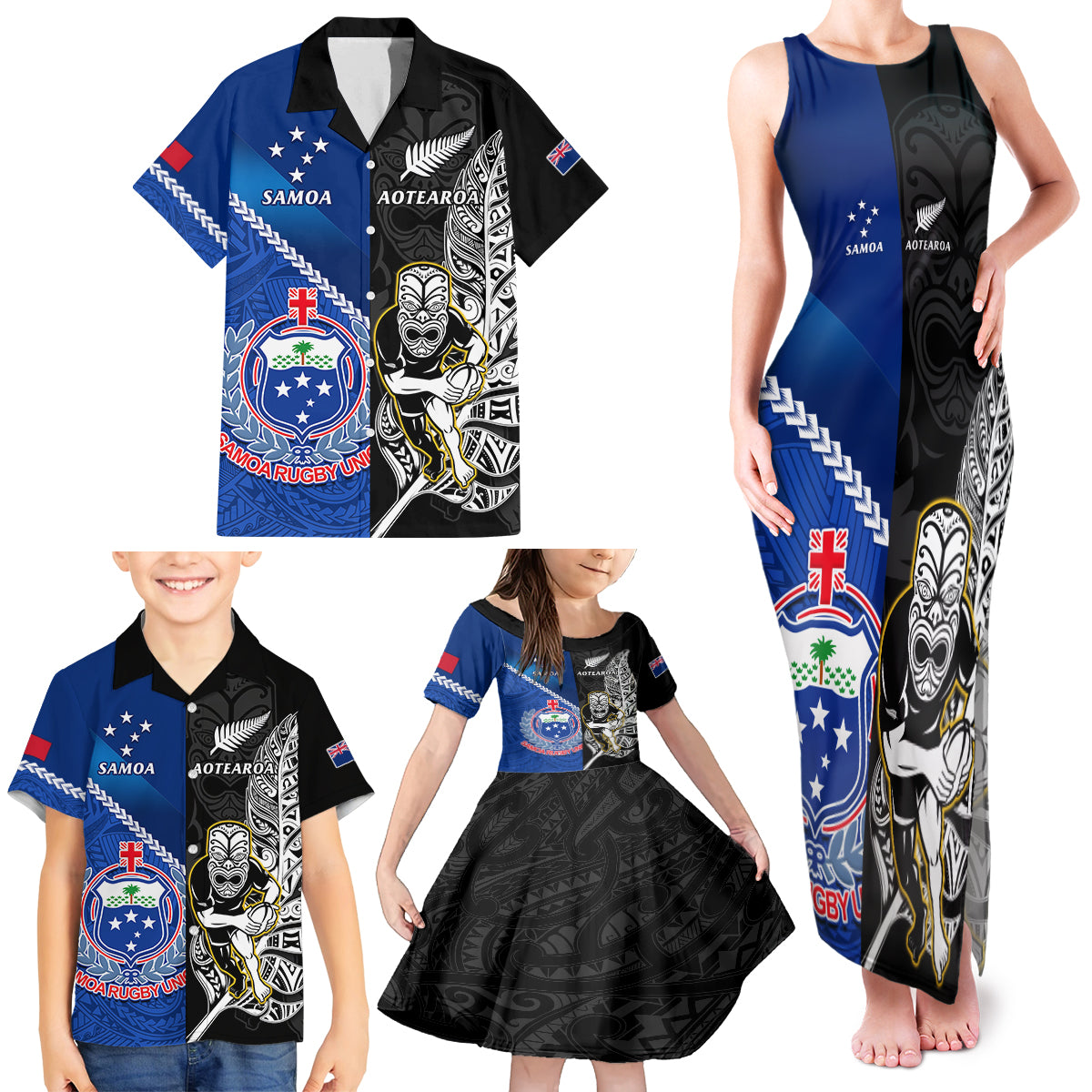 Custom New Zealand And Samoa Rugby Family Matching Tank Maxi Dress and Hawaiian Shirt All Black Tiki Fern Mix Manu Samoa 2023 World Cup LT14 - Polynesian Pride