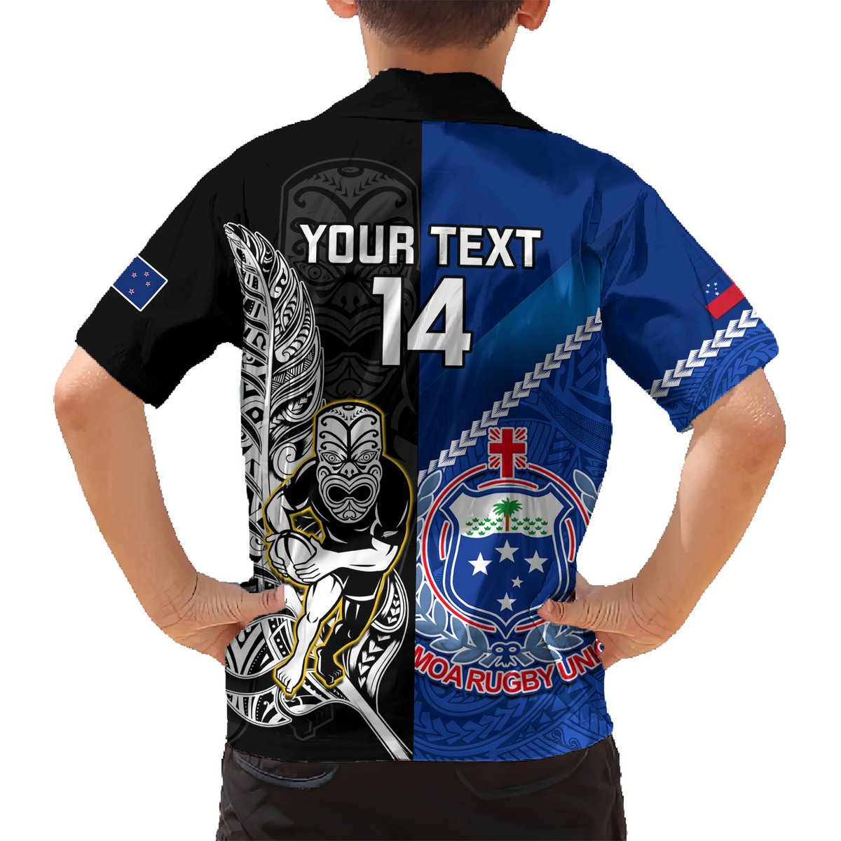 Custom New Zealand And Samoa Rugby Hawaiian Shirt All Black Tiki Fern Mix Manu Samoa 2023 World Cup LT14 - Polynesian Pride