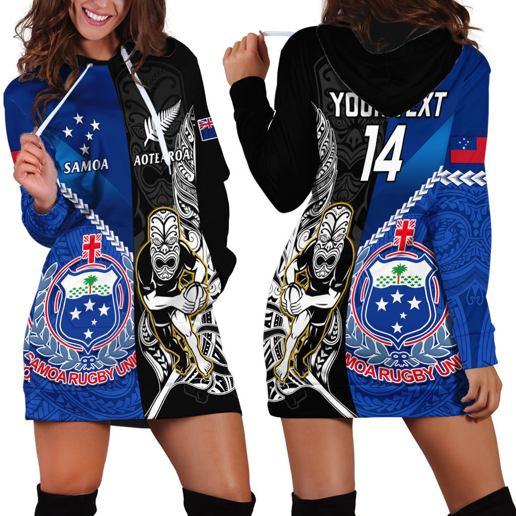 Custom New Zealand And Samoa Rugby Hoodie Dress All Black Tiki Fern Mix Manu Samoa 2023 World Cup LT14 - Polynesian Pride