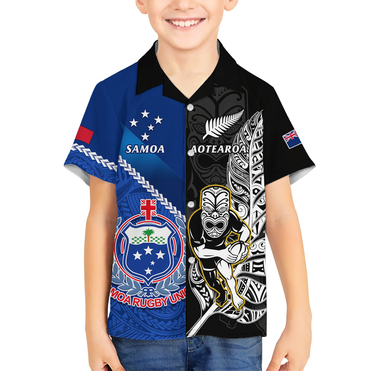 Custom New Zealand And Samoa Rugby Kid Hawaiian Shirt All Black Tiki Fern Mix Manu Samoa 2023 World Cup LT14 Kid Black - Polynesian Pride