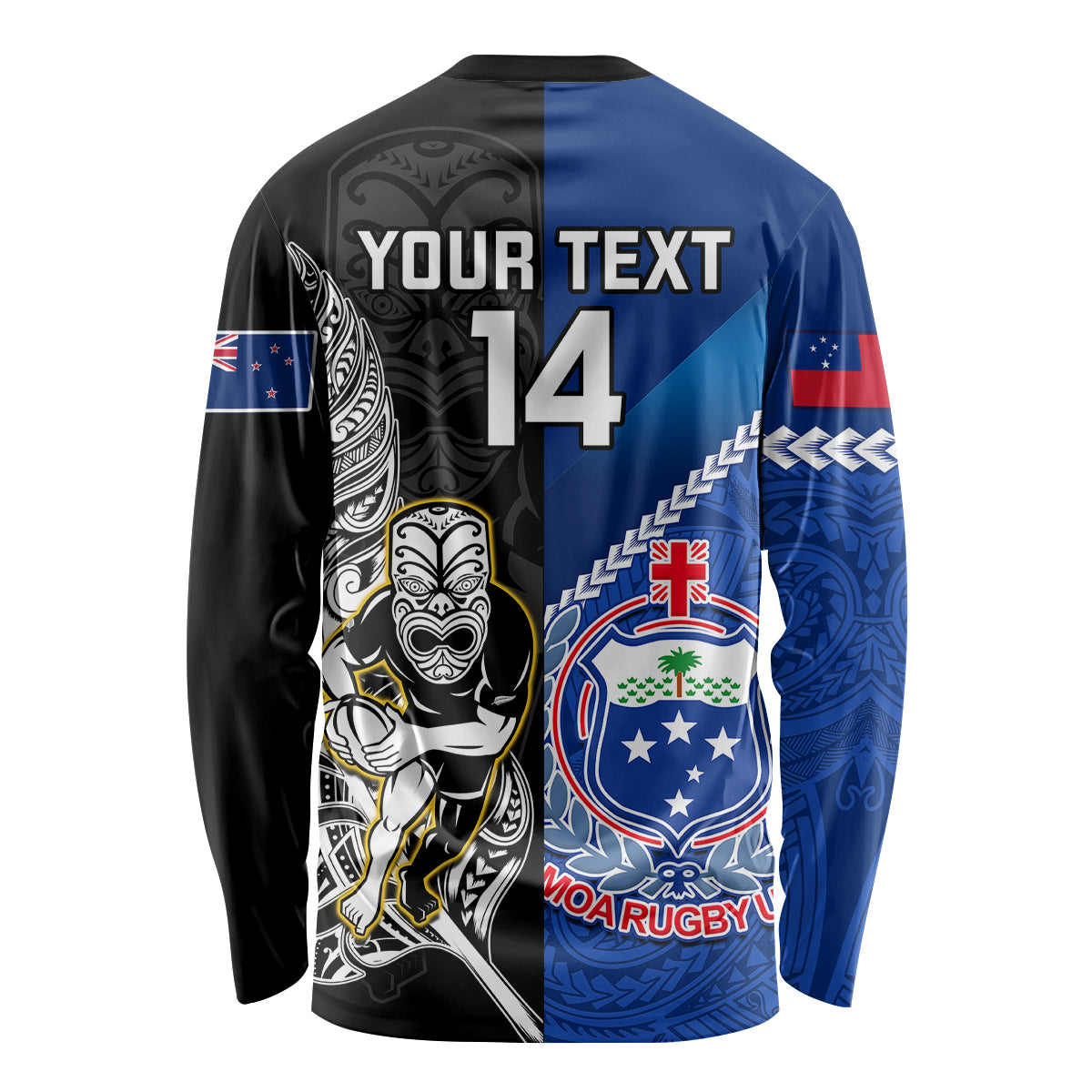 Custom New Zealand And Samoa Rugby Long Sleeve Shirt All Black Tiki Fern Mix Manu Samoa 2023 World Cup LT14 - Polynesian Pride