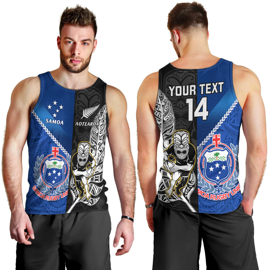 Custom New Zealand And Samoa Rugby Men Tank Top All Black Tiki Fern Mix Manu Samoa 2023 World Cup LT14 - Polynesian Pride