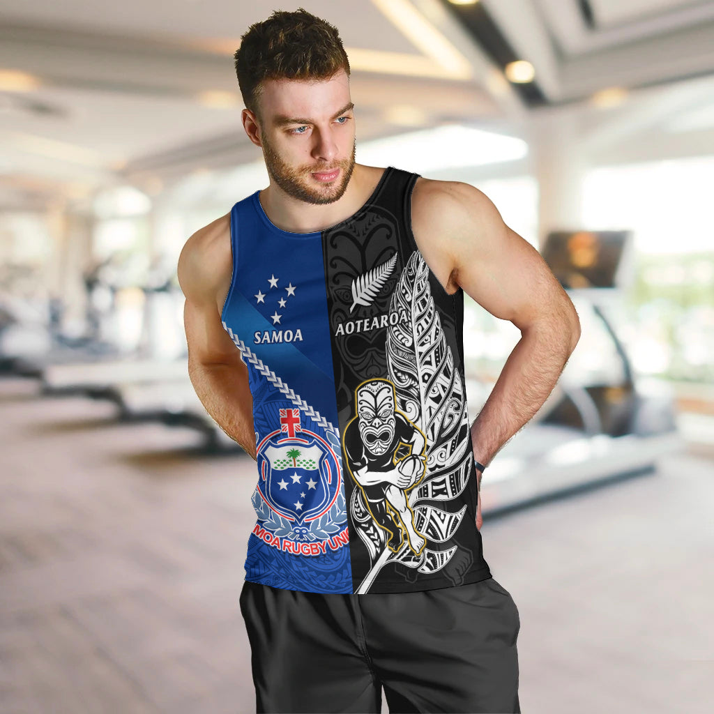 Custom New Zealand And Samoa Rugby Men Tank Top All Black Tiki Fern Mix Manu Samoa 2023 World Cup LT14 - Polynesian Pride