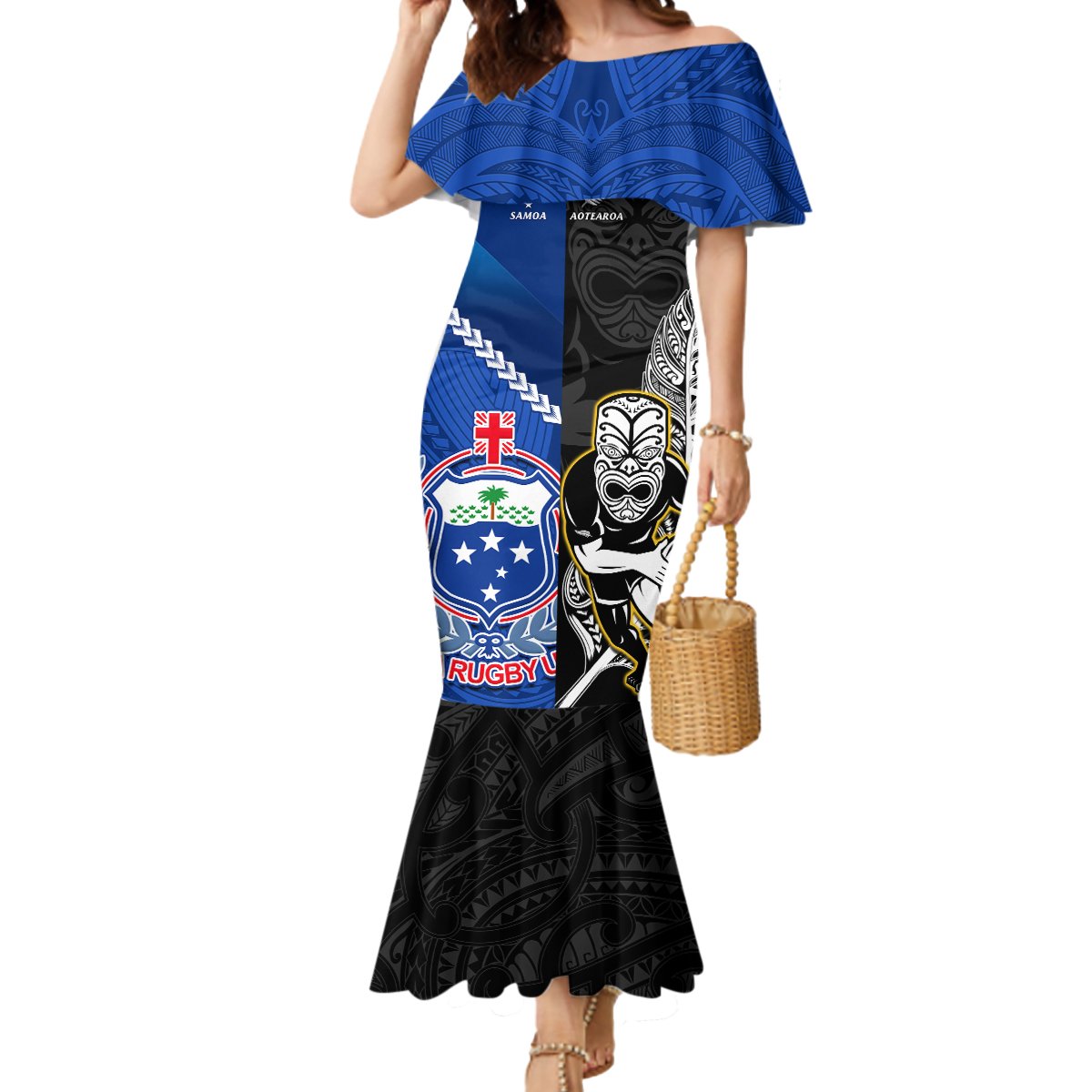 Custom New Zealand And Samoa Rugby Mermaid Dress All Black Tiki Fern Mix Manu Samoa 2023 World Cup LT14 Women Black - Polynesian Pride