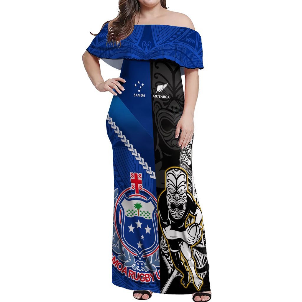 Custom New Zealand And Samoa Rugby Off Shoulder Maxi Dress All Black Tiki Fern Mix Manu Samoa 2023 World Cup LT14 Women Black - Polynesian Pride