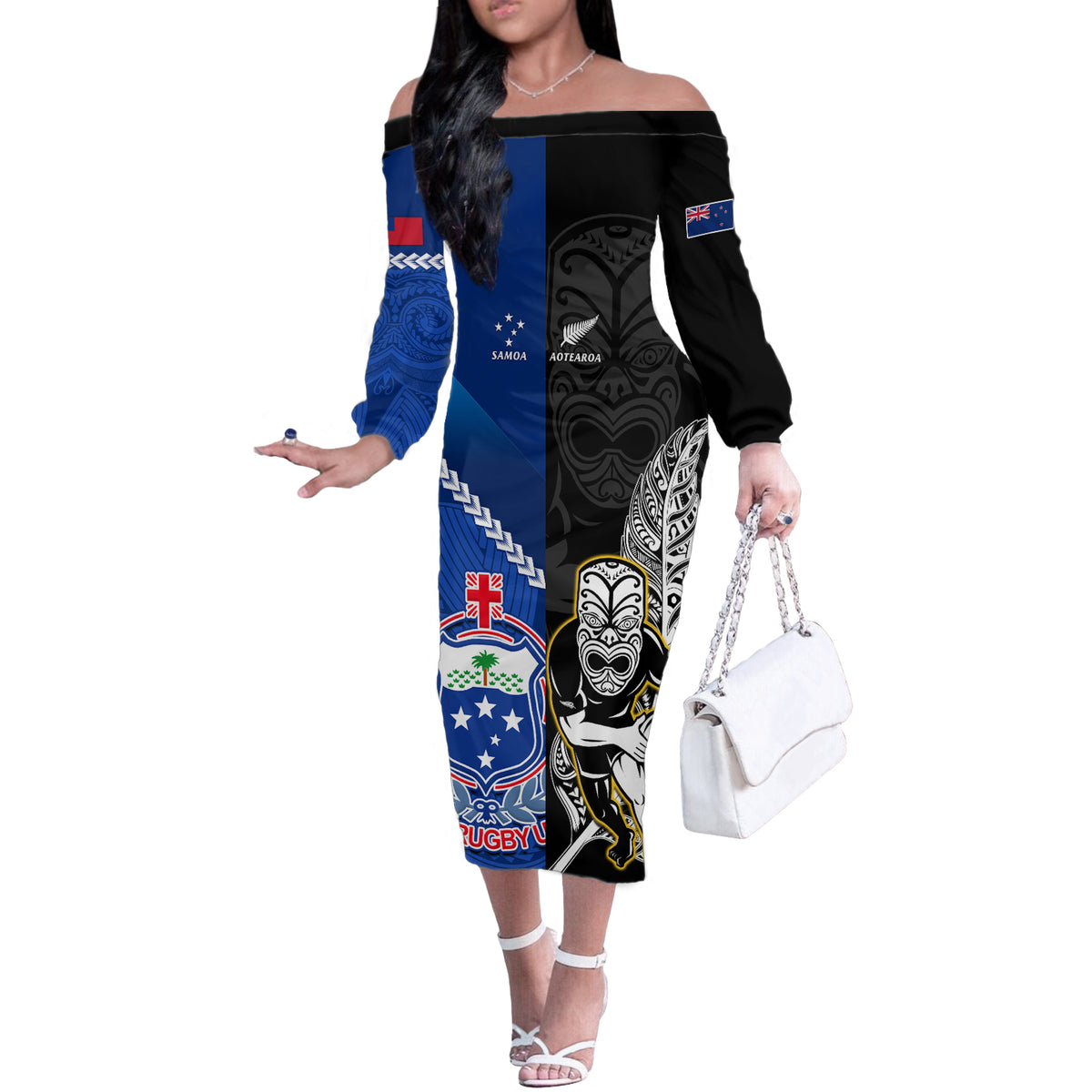 Custom New Zealand And Samoa Rugby Off The Shoulder Long Sleeve Dress All Black Tiki Fern Mix Manu Samoa 2023 World Cup LT14 Women Black - Polynesian Pride