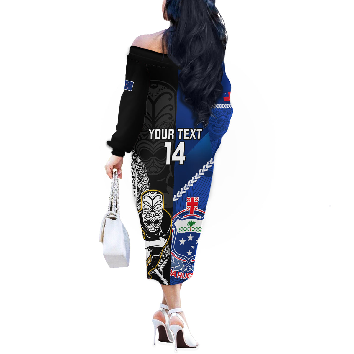 Custom New Zealand And Samoa Rugby Off The Shoulder Long Sleeve Dress All Black Tiki Fern Mix Manu Samoa 2023 World Cup LT14 - Polynesian Pride