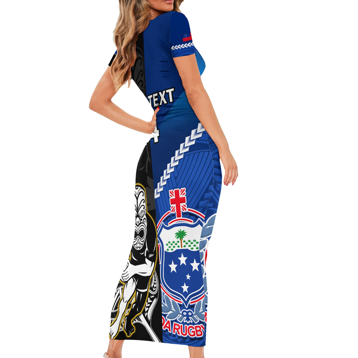 Custom New Zealand And Samoa Rugby Short Sleeve Bodycon Dress All Black Tiki Fern Mix Manu Samoa 2023 World Cup LT14 - Polynesian Pride