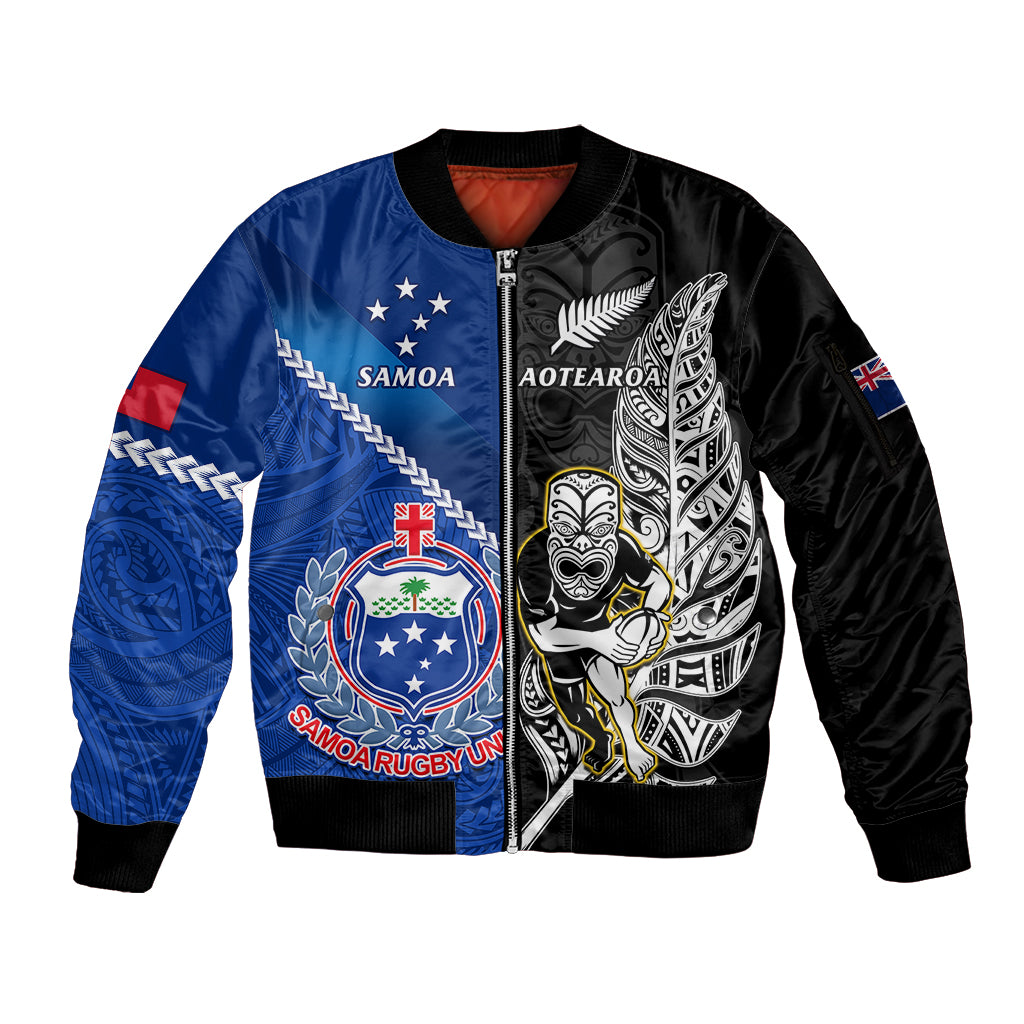 Custom New Zealand And Samoa Rugby Sleeve Zip Bomber Jacket All Black Tiki Fern Mix Manu Samoa 2023 World Cup LT14 Unisex Black - Polynesian Pride