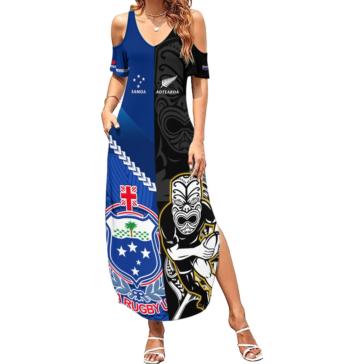 Custom New Zealand And Samoa Rugby Summer Maxi Dress All Black Tiki Fern Mix Manu Samoa 2023 World Cup LT14 Women Black - Polynesian Pride