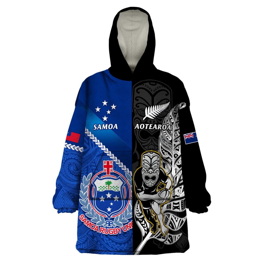 Custom New Zealand And Samoa Rugby Wearable Blanket Hoodie All Black Tiki Fern Mix Manu Samoa 2023 World Cup LT14 One Size Black - Polynesian Pride