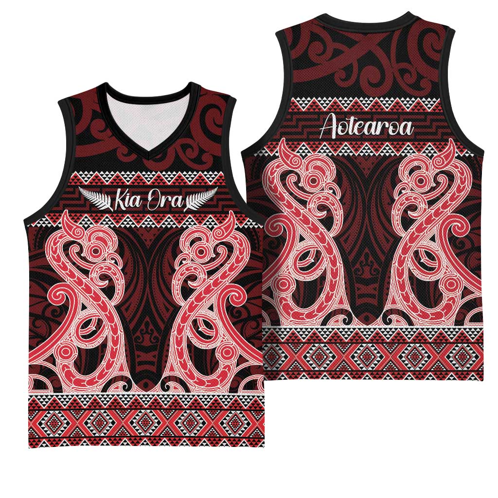 Kia Ora New Zealand Basketball Jersey Maori Language Week Whero Taniko Motif LT14 - Polynesian Pride