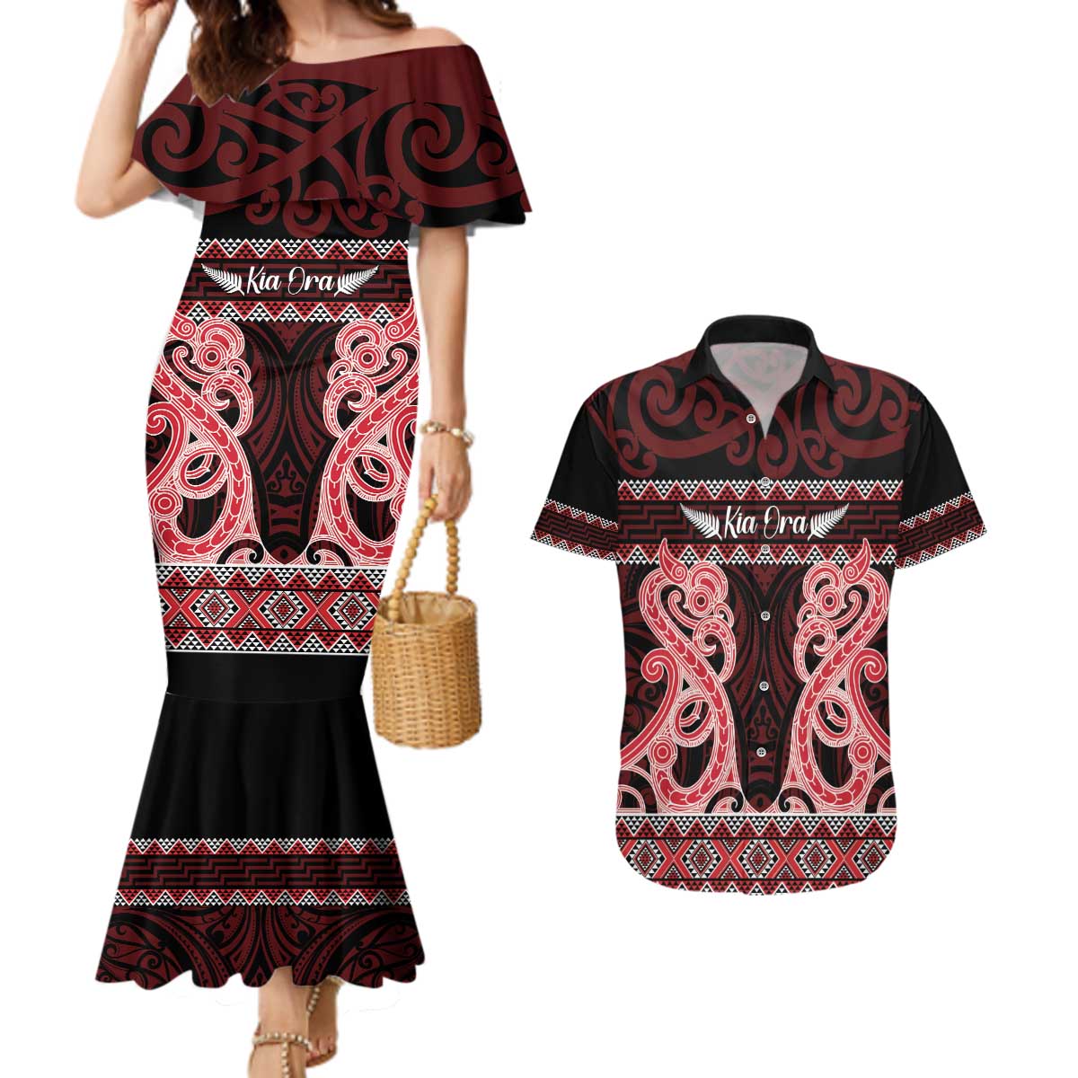 Kia Ora New Zealand Couples Matching Mermaid Dress and Hawaiian Shirt Maori Language Week Whero Taniko Motif - Polynesian Pride