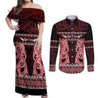 Kia Ora New Zealand Couples Matching Off Shoulder Maxi Dress and Long Sleeve Button Shirt Maori Language Week Whero Taniko Motif LT14 Red - Polynesian Pride