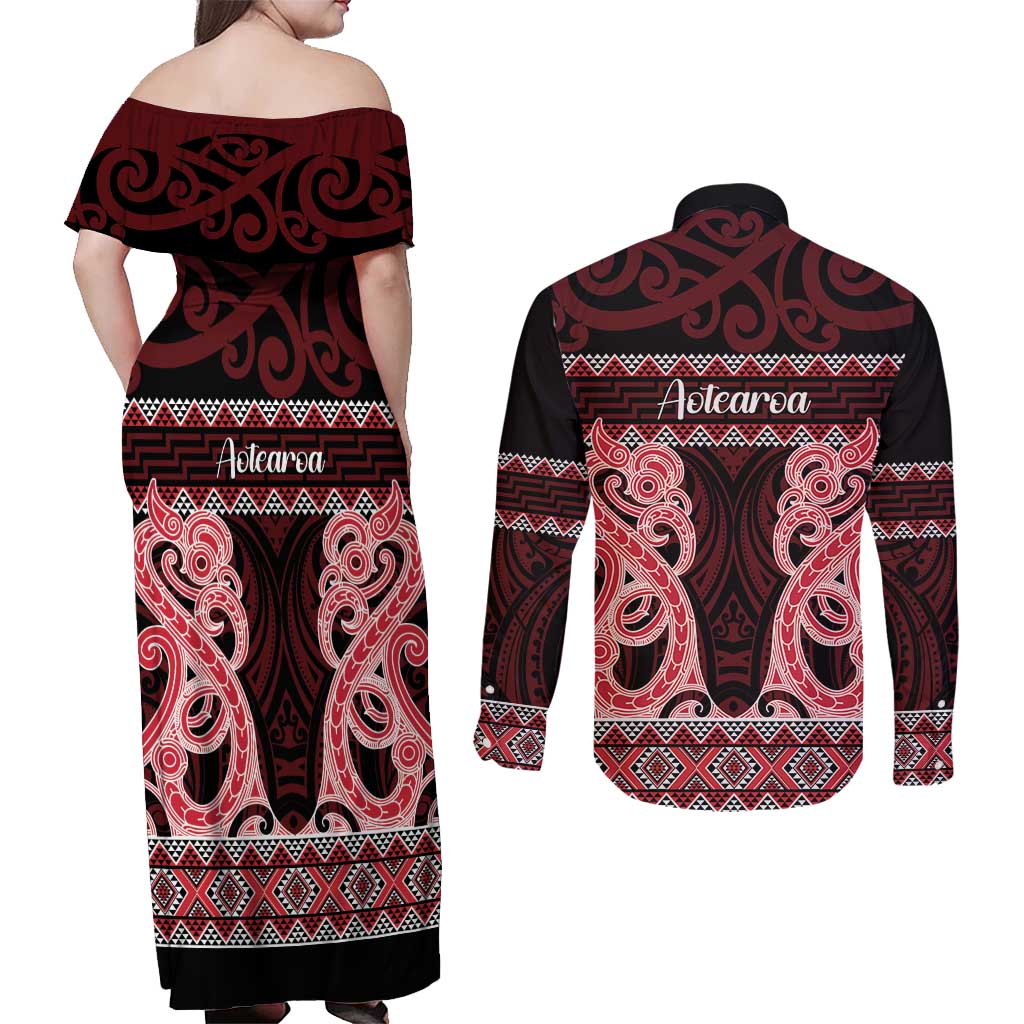Kia Ora New Zealand Couples Matching Off Shoulder Maxi Dress and Long Sleeve Button Shirt Maori Language Week Whero Taniko Motif LT14 - Polynesian Pride