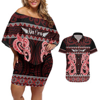 Kia Ora New Zealand Couples Matching Off Shoulder Short Dress and Hawaiian Shirt Maori Language Week Whero Taniko Motif LT14 Red - Polynesian Pride