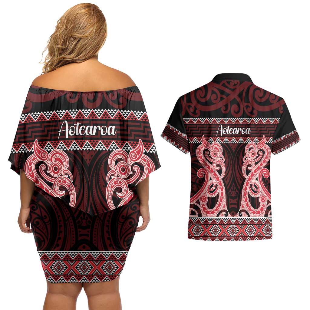 Kia Ora New Zealand Couples Matching Off Shoulder Short Dress and Hawaiian Shirt Maori Language Week Whero Taniko Motif LT14 - Polynesian Pride