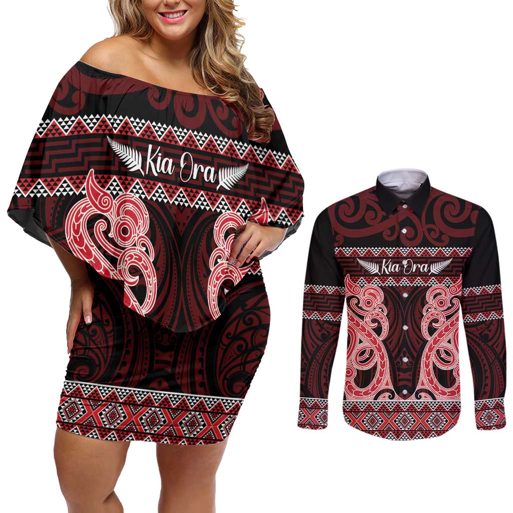 Kia Ora New Zealand Couples Matching Off Shoulder Short Dress and Long Sleeve Button Shirt Maori Language Week Whero Taniko Motif LT14 Red - Polynesian Pride