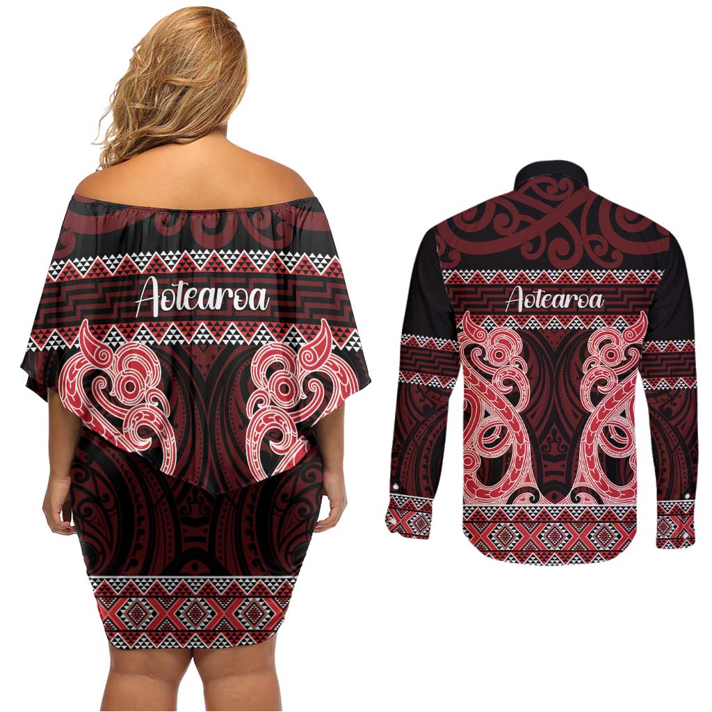 Kia Ora New Zealand Couples Matching Off Shoulder Short Dress and Long Sleeve Button Shirt Maori Language Week Whero Taniko Motif LT14 - Polynesian Pride