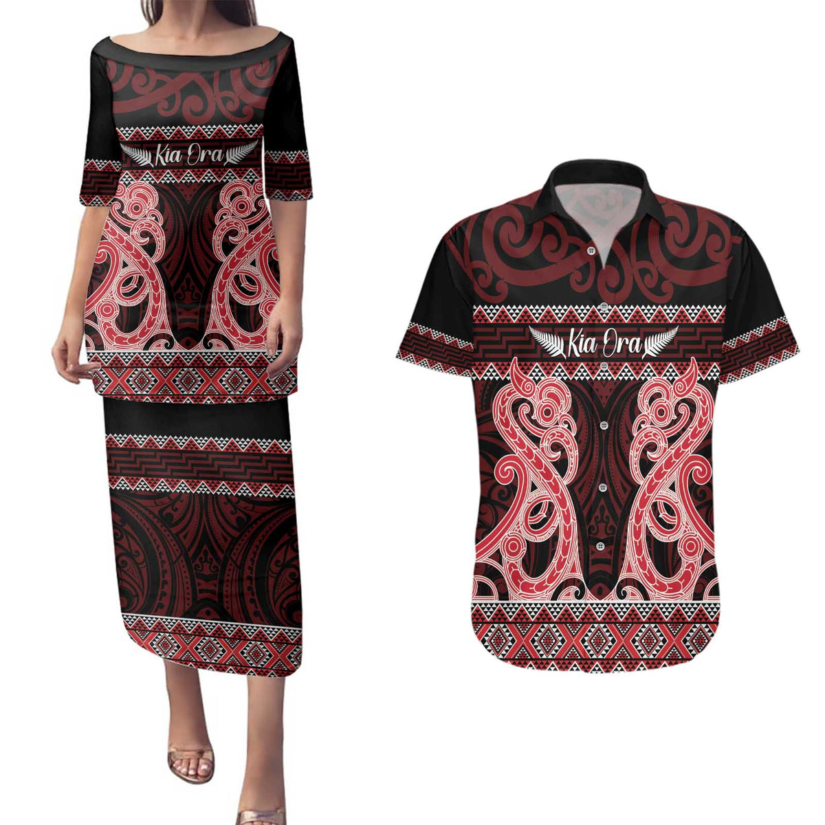 Kia Ora New Zealand Couples Matching Puletasi and Hawaiian Shirt Maori Language Week Whero Taniko Motif LT14 Red - Polynesian Pride
