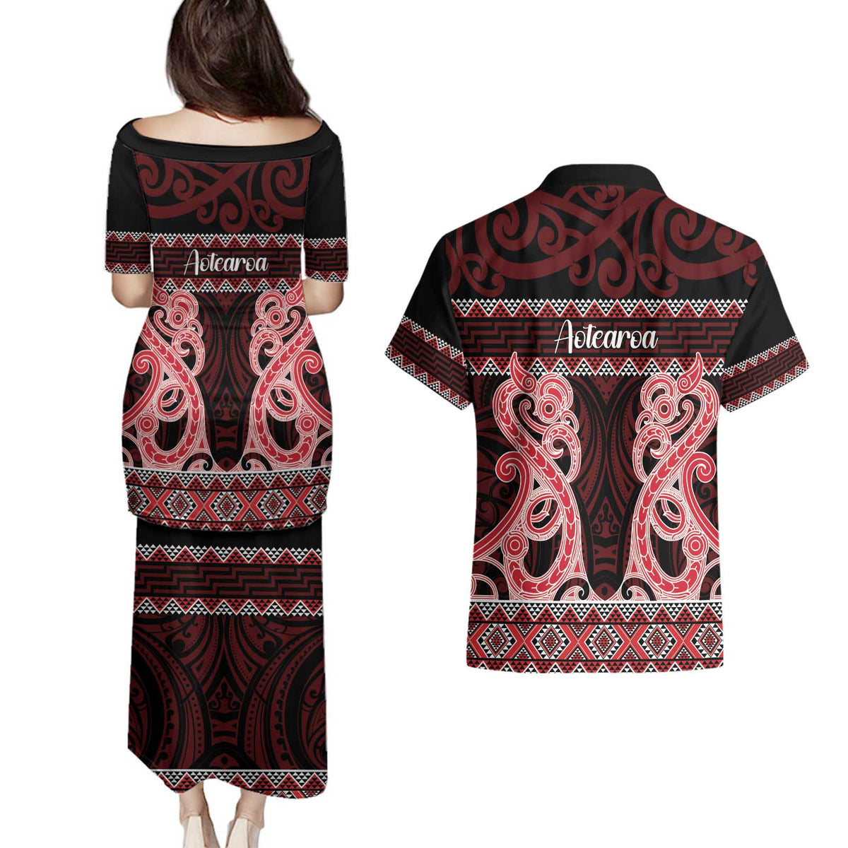 Kia Ora New Zealand Couples Matching Puletasi and Hawaiian Shirt Maori Language Week Whero Taniko Motif LT14 - Polynesian Pride