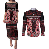Kia Ora New Zealand Couples Matching Puletasi and Long Sleeve Button Shirt Maori Language Week Whero Taniko Motif LT14 Red - Polynesian Pride