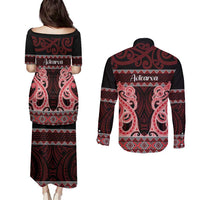 Kia Ora New Zealand Couples Matching Puletasi and Long Sleeve Button Shirt Maori Language Week Whero Taniko Motif LT14 - Polynesian Pride