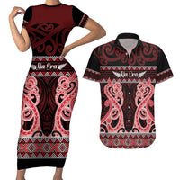 Kia Ora New Zealand Couples Matching Short Sleeve Bodycon Dress and Hawaiian Shirt Maori Language Week Whero Taniko Motif LT14 Red - Polynesian Pride