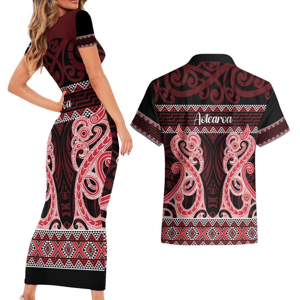 Kia Ora New Zealand Couples Matching Short Sleeve Bodycon Dress and Hawaiian Shirt Maori Language Week Whero Taniko Motif LT14 - Polynesian Pride