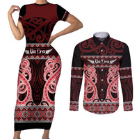Kia Ora New Zealand Couples Matching Short Sleeve Bodycon Dress and Long Sleeve Button Shirt Maori Language Week Whero Taniko Motif LT14 Red - Polynesian Pride