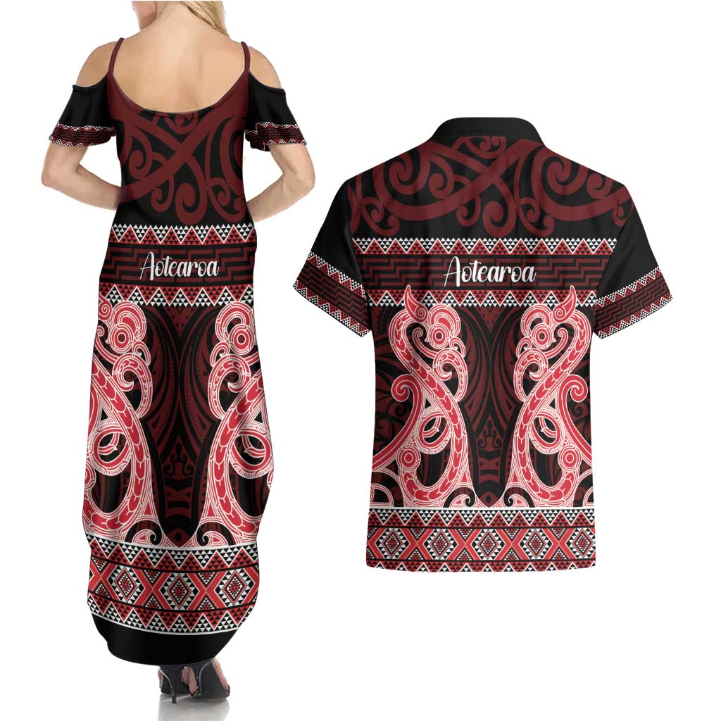 Kia Ora New Zealand Couples Matching Summer Maxi Dress and Hawaiian Shirt Maori Language Week Whero Taniko Motif LT14 - Polynesian Pride