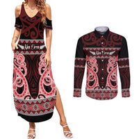 Kia Ora New Zealand Couples Matching Summer Maxi Dress and Long Sleeve Button Shirt Maori Language Week Whero Taniko Motif LT14 Red - Polynesian Pride