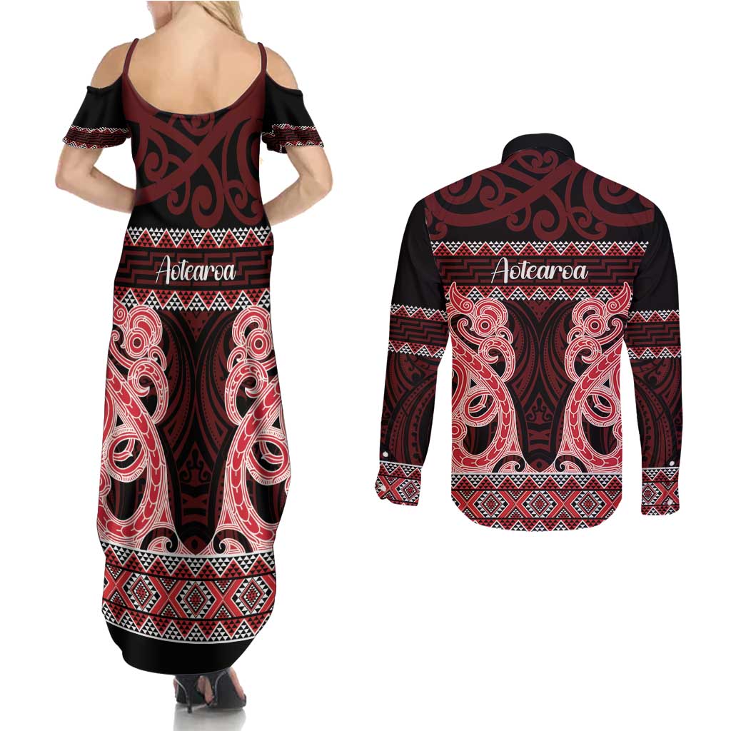 Kia Ora New Zealand Couples Matching Summer Maxi Dress and Long Sleeve Button Shirt Maori Language Week Whero Taniko Motif LT14 - Polynesian Pride