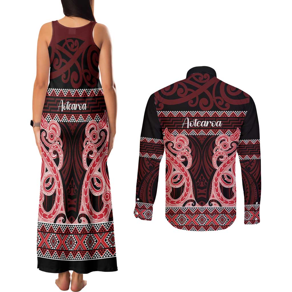 Kia Ora New Zealand Couples Matching Tank Maxi Dress and Long Sleeve Button Shirt Maori Language Week Whero Taniko Motif LT14 - Polynesian Pride