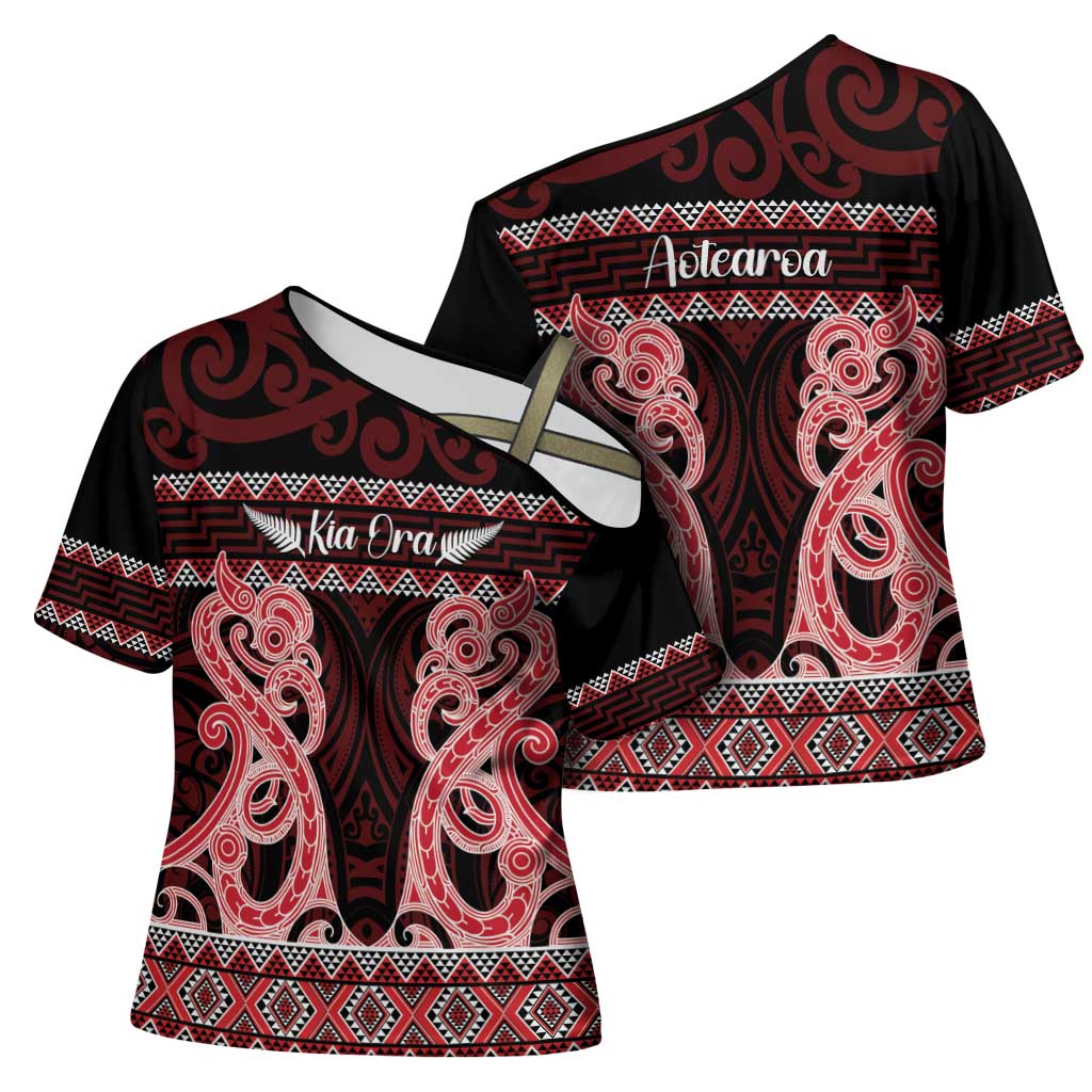 Kia Ora New Zealand Cross Shoulder Shirt Maori Language Week Whero Taniko Motif LT14 - Polynesian Pride