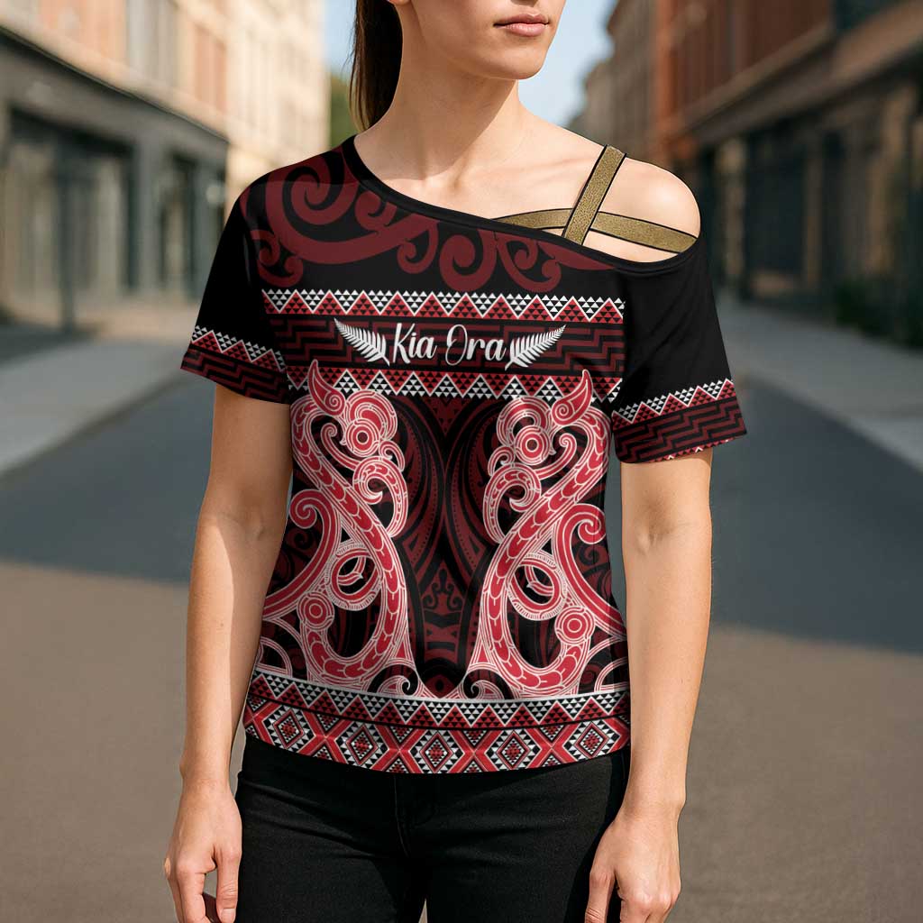 Kia Ora New Zealand Cross Shoulder Shirt Maori Language Week Whero Taniko Motif LT14 - Polynesian Pride