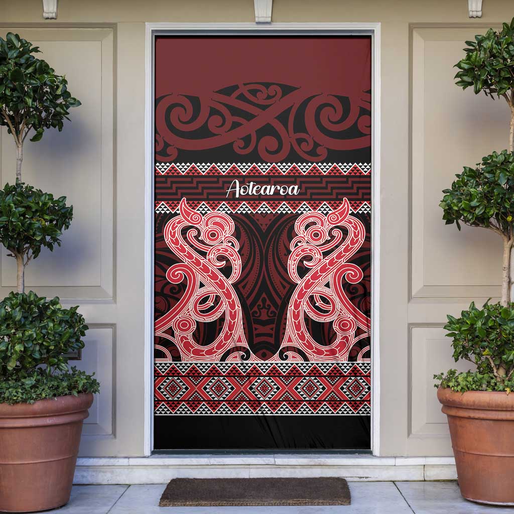 Kia Ora New Zealand Door Cover Maori Language Week Whero Taniko Motif LT14 Red - Polynesian Pride