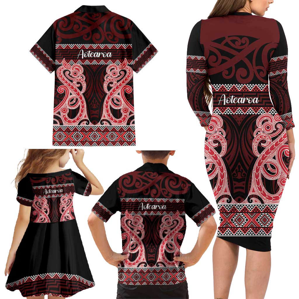 Kia Ora New Zealand Family Matching Long Sleeve Bodycon Dress and Hawaiian Shirt Maori Language Week Whero Taniko Motif LT14 - Polynesian Pride